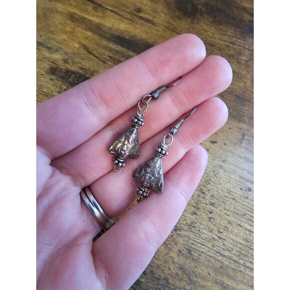 Vintage 1990s French Hook Earrings Silver Tone Triangle Tree Dangle Pendants - Picture 3 of 3